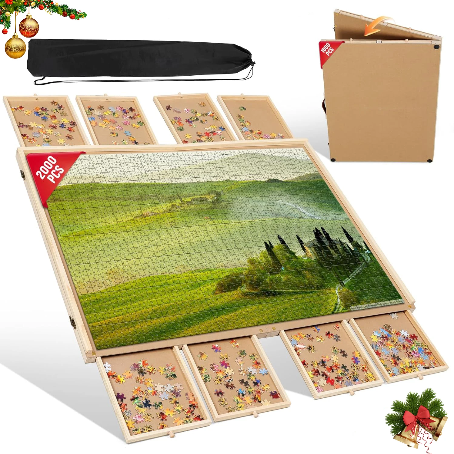 2000 puzzle pieces, with 8 classification drawers, 2-in-1 foldable puzzle pieces, 1000 pieces, portable puzzle table.