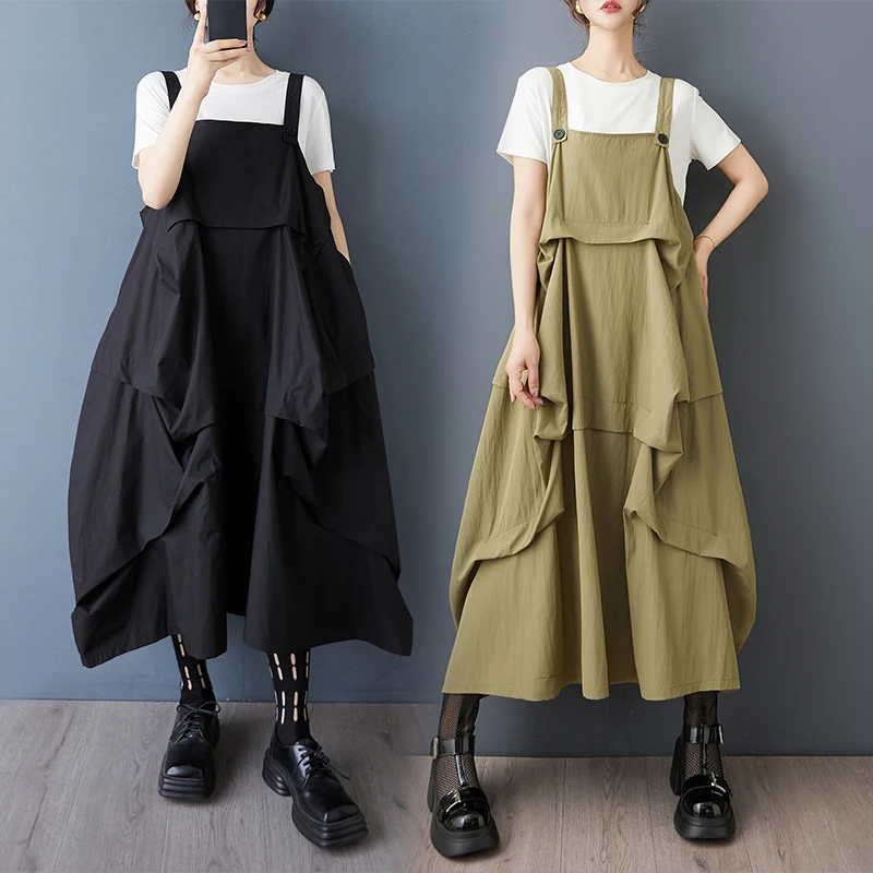 

Платье-жилет в темном стиле с нерегулярными складками, свободного кроя, с регулируемыми бретелями, повседневное, с завышенной талией, из смесового полиэстера и хлопка, летнее