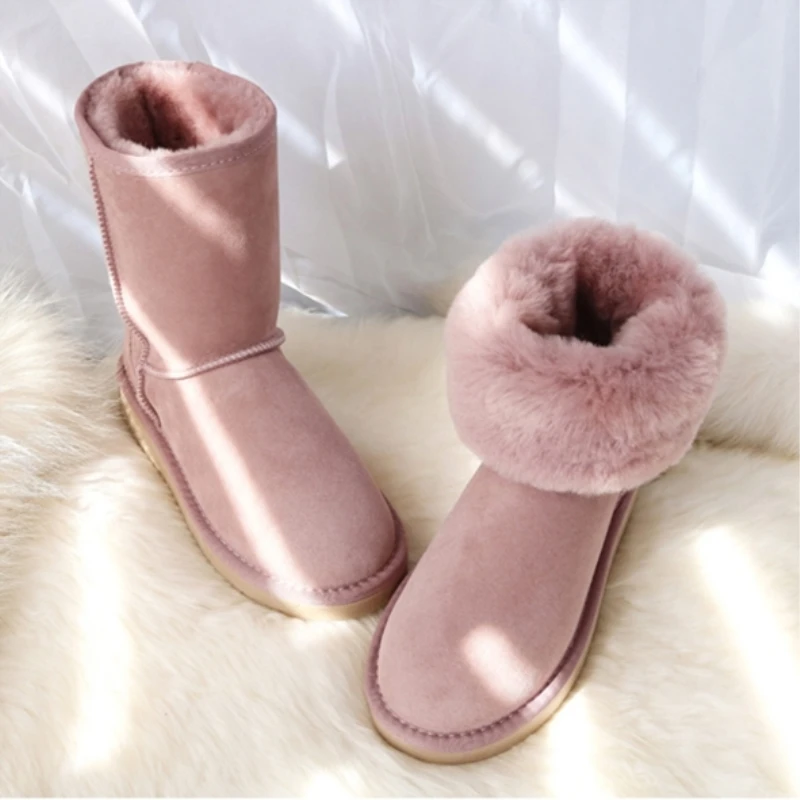 G&Zaco Luxury Winter Boots Women Sheep Wool Boots Shoes Genuine Sheepskin Snow Boots Classic Mid-Calf Female Suede Leather Boot