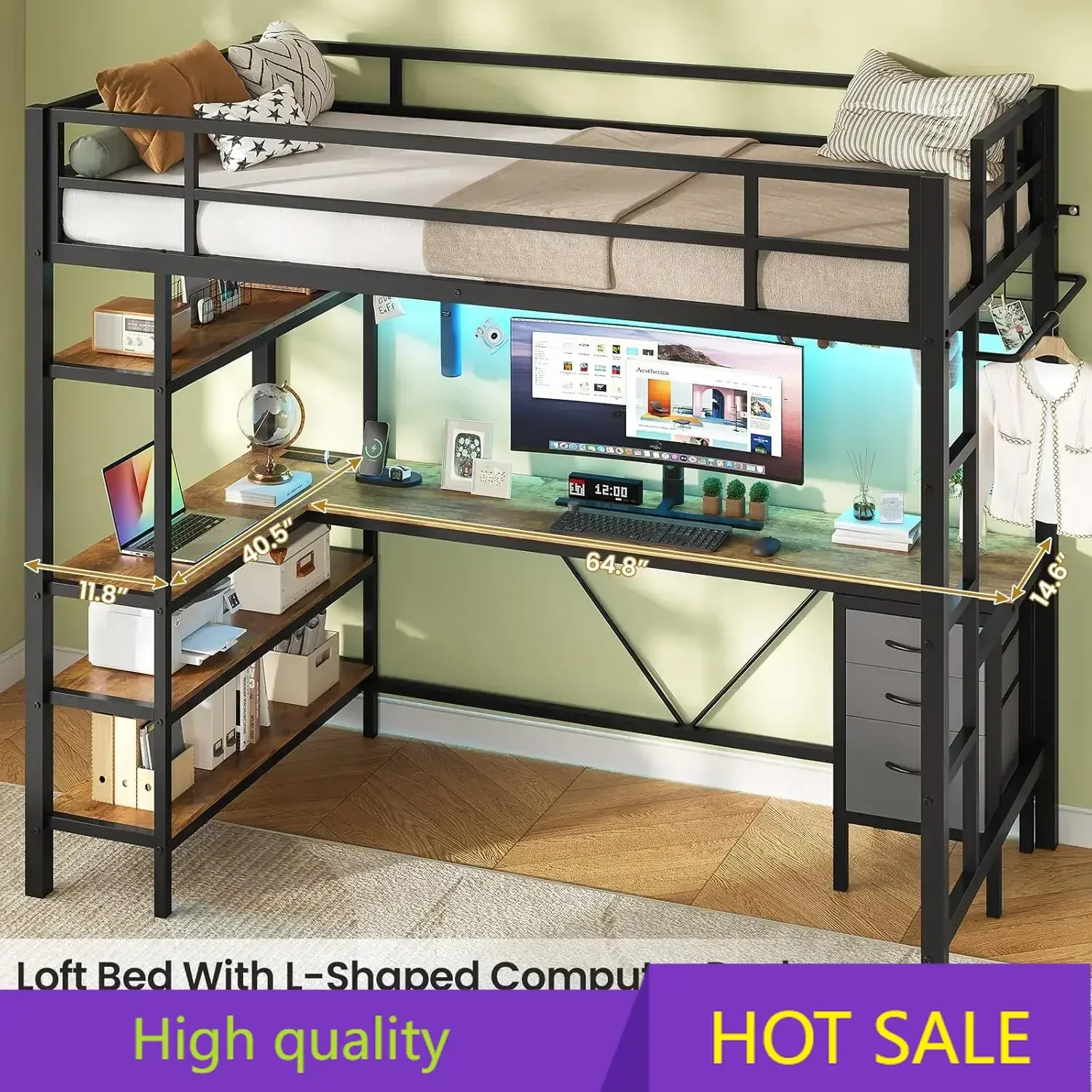 Letto a soppalco economico di dimensioni doppie con scrivania a L, stazione di ricarica e luci a LED, letto a soppalco doppio con libreria a 4 livelli e 3