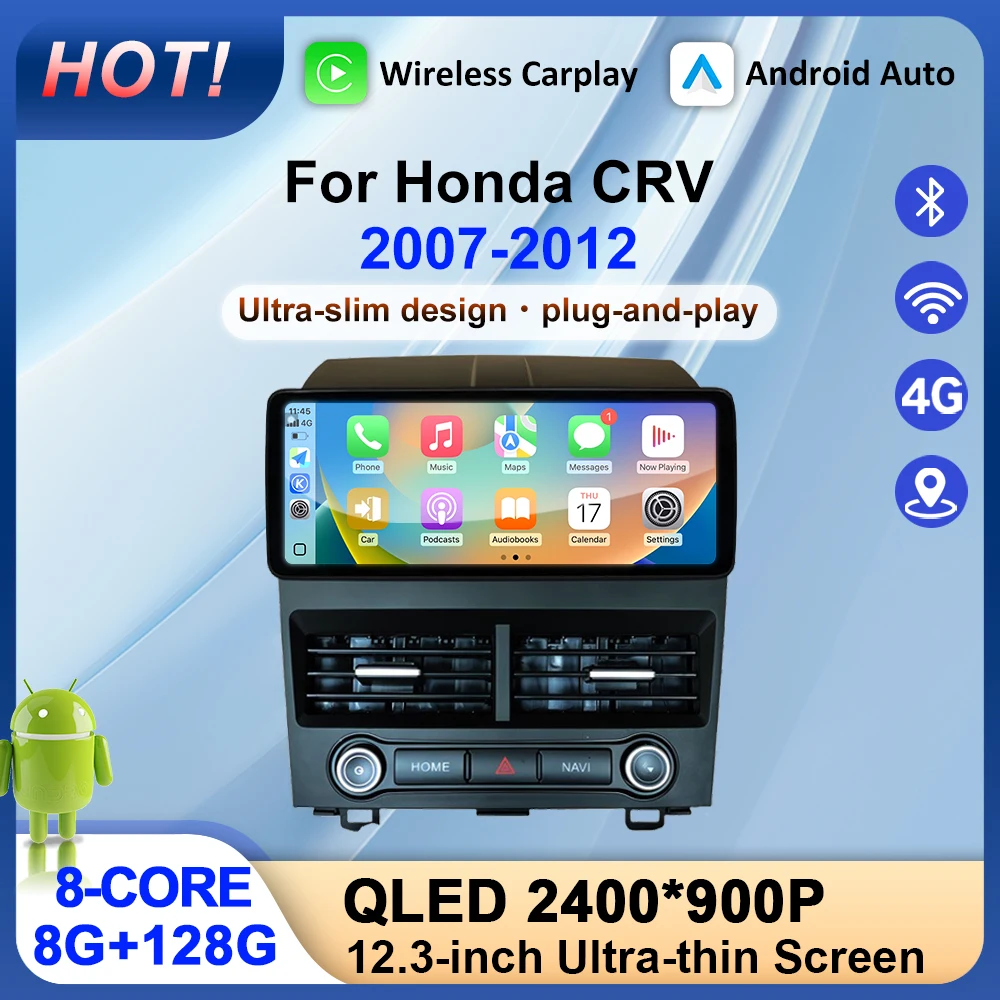 

Автоинструменты Android 15 GPS Navi для Honda CRV 2007-2012 Беспроводной Carplay Android Auto BT WiFi 4G DSP Стерео 12,3-дюймовый экран QLED