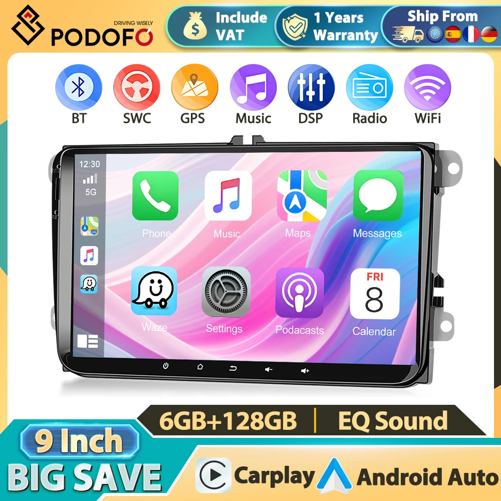Radio samochodowe Podofo Carplay 2Din do VW PASSAT B6 MAGOTAN VARIANT/V6 PASSAT B6/V6 Car Audio Android Auto GPS Mirror Link BT FM