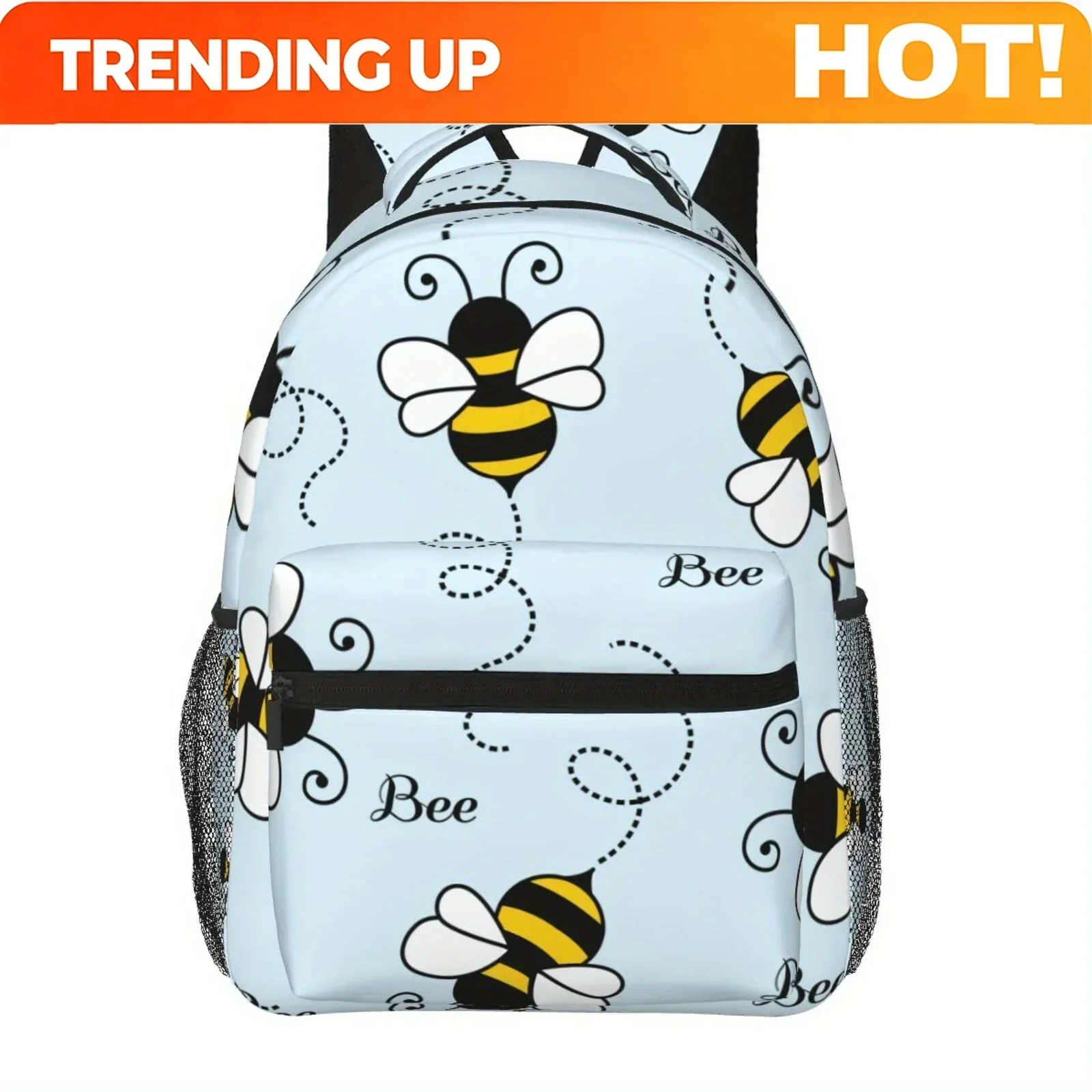 Custom Bag 1pc Adorable Bee-Themed Backpack - Light Blue With Vibrant Bee & Floral Print, Double Mesh Pockets, Durable & Lightwe