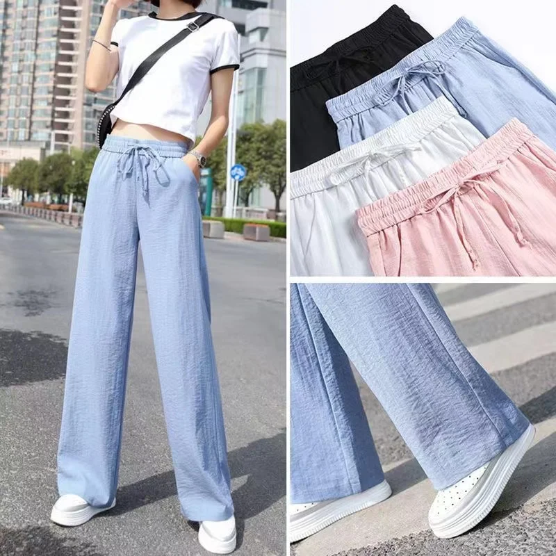 Grande taille femmes cheville longueur jambe large pantalon décontracté été solide taille élastique ample glace soie pantalon printemps été femme pantalon