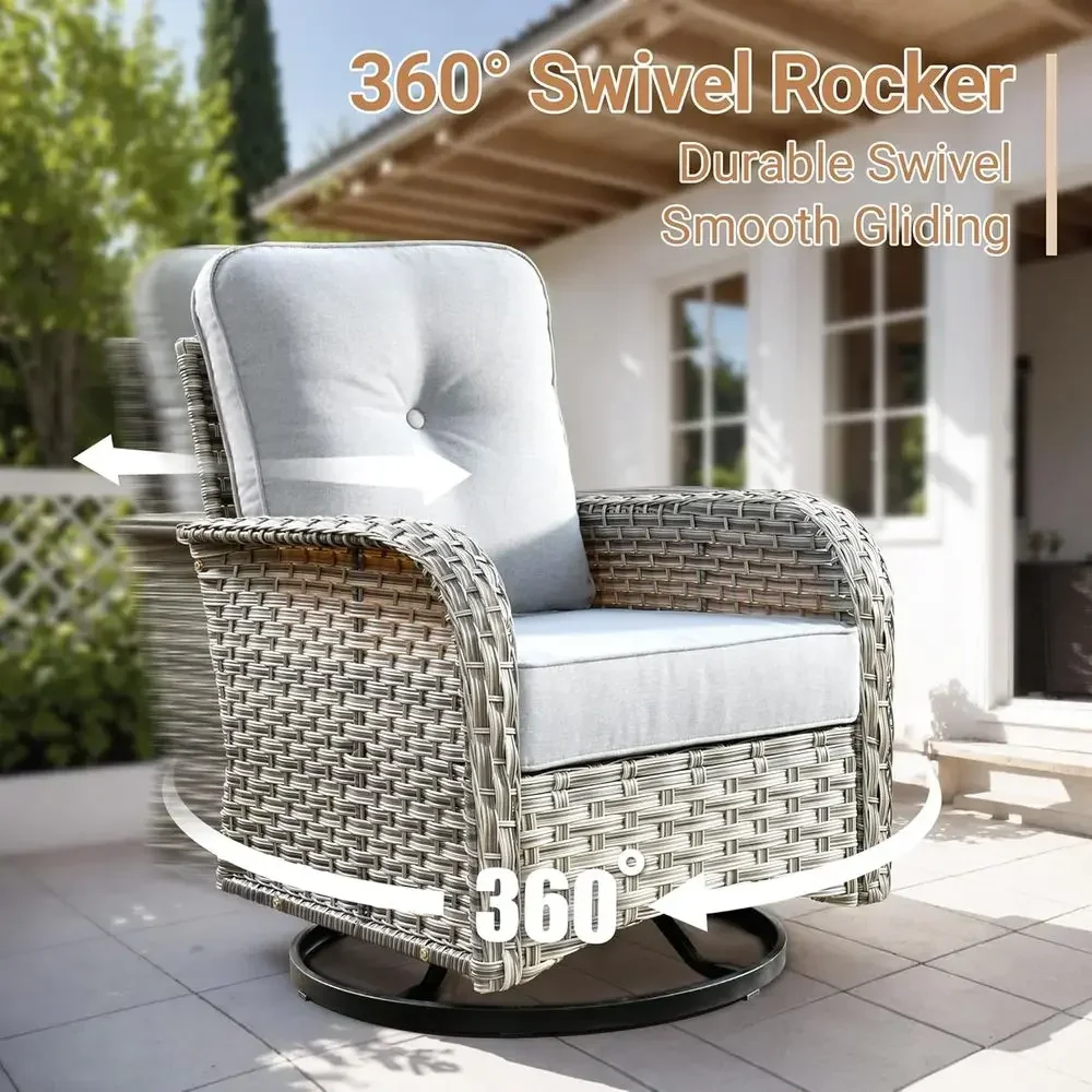 3-Piece Outdoor Wicker Swivel Rocking Chair Set with Side Table, Light Gray Patio Furniture