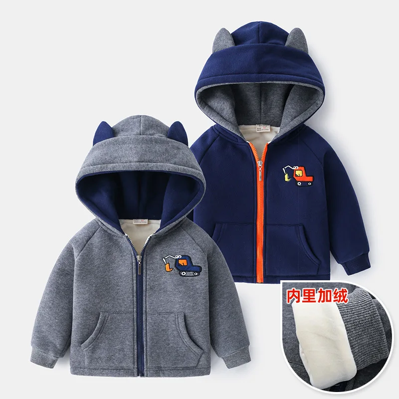 Toddler Baby Casual Jacket Boys Cartoon Excavator Embroidery Hooded Fleece Lined Zip Up Coat Autumn Winter Thick Warm Outerwear