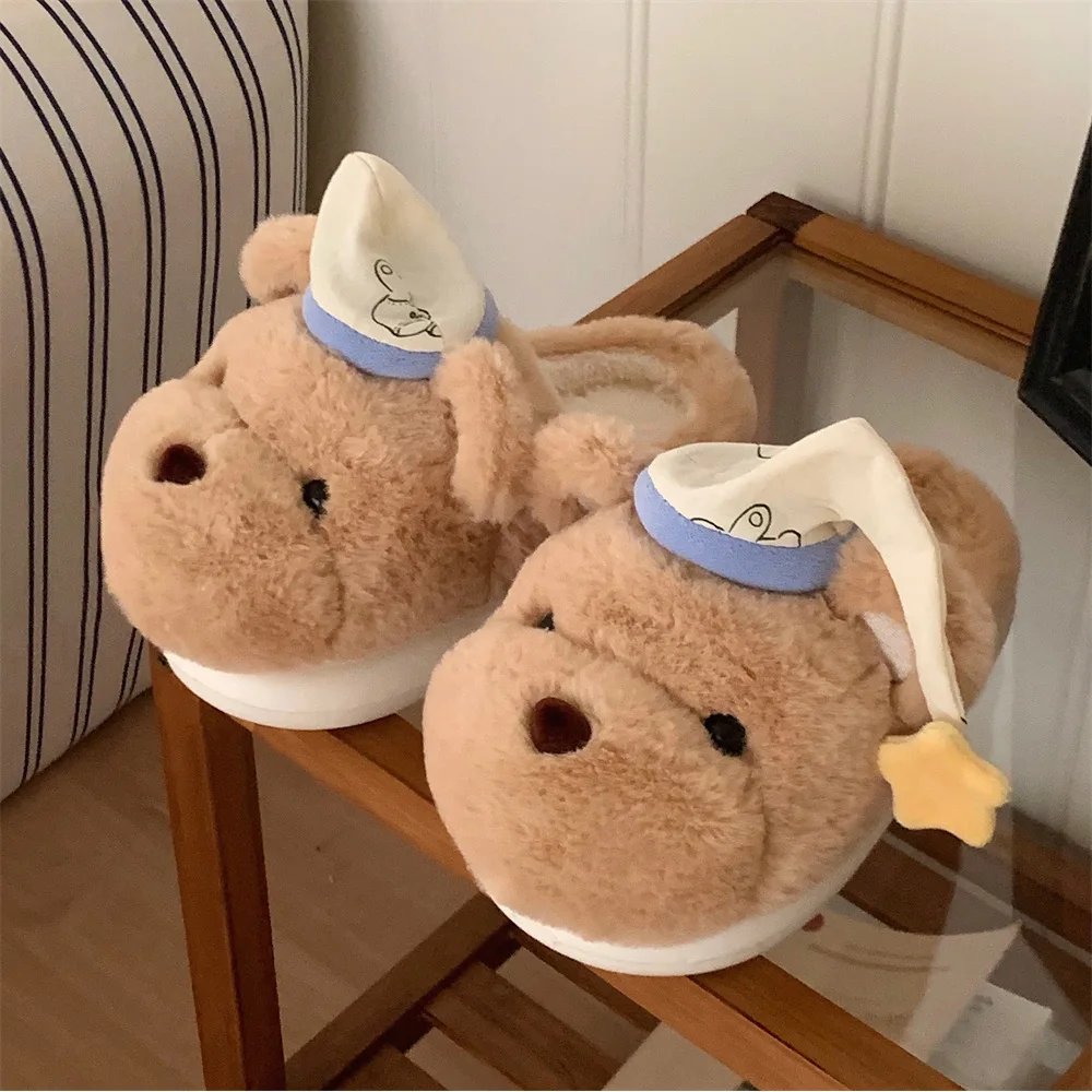 

Women House Fur Slippers Casual Cute 3D-shaped Sleeping Cap Bear Design Khaki Winter Indoor Non-slip Warm Soft Soles Comfy Home