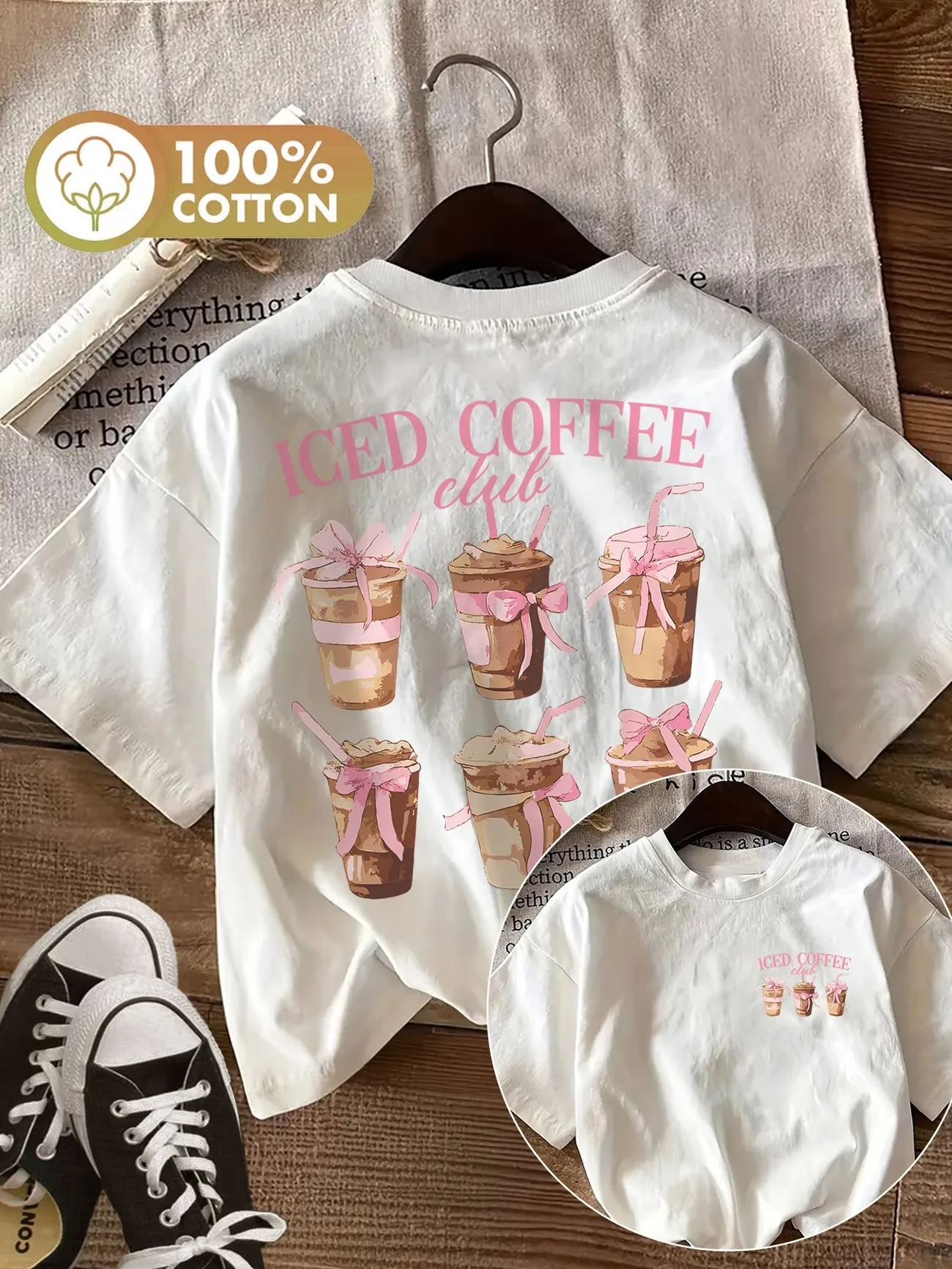 Graphic Iced Coffee Club Cotton Coffee Lover Harajuku T-Shirt, weiches, kurzärmliges Oberteil mit Rundhalsausschnitt, Damenbekleidung – Detail 2