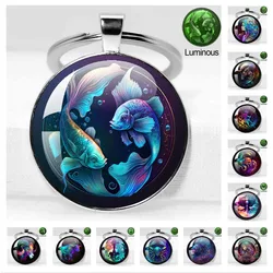 Luminous Constellation 12 Zodiac Series Animals Photo Pattern Glass Dome Jewelry Keychains Birthday, Star Sign Best Gift Keyring