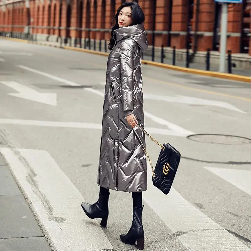 Mantel katun wanita, jaket hitam terang muka tempramen, mantel bertudung bertali tebal musim dingin baru 2023