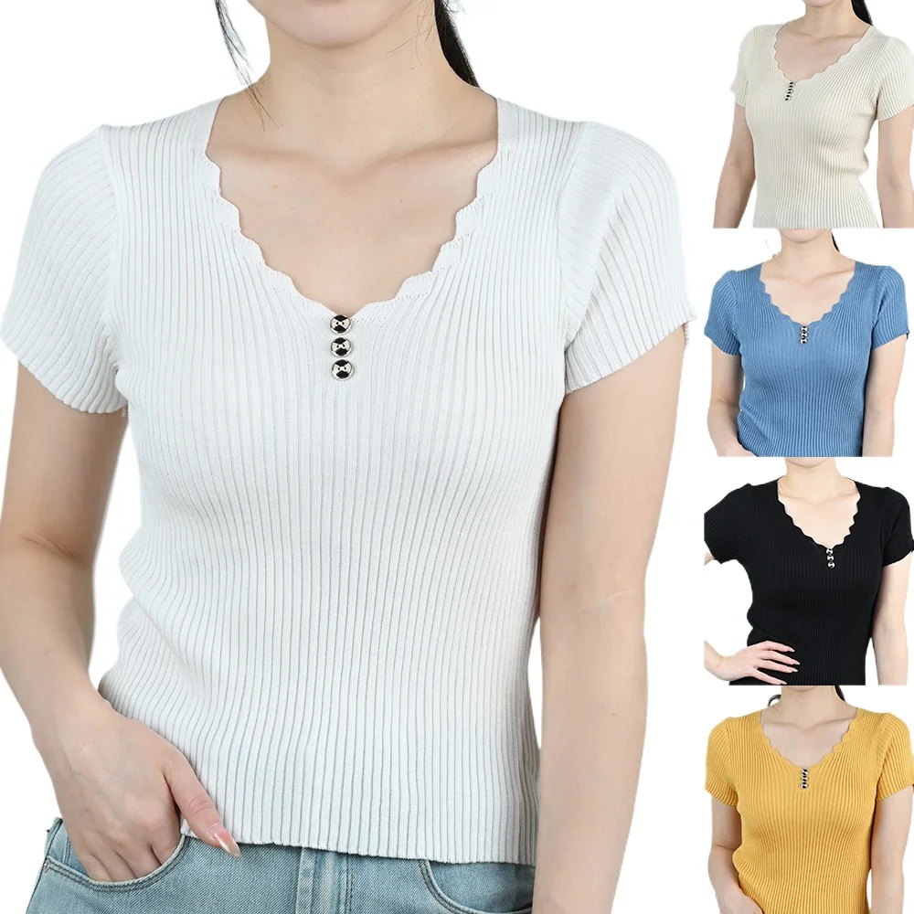 

Summer Women Thin Ice Silk Short Sleeve T-shirt Girls Solid V-neck Patchwork Button Slim Knit Top Lady High Elasticity Pullover