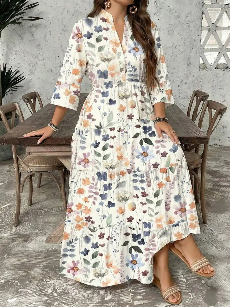 SHEIN LUNE Plus-Size White Summer Boho Bachelorette Party Picnic Holiday Floral Print Four-Layer Babydoll Dress,Women's