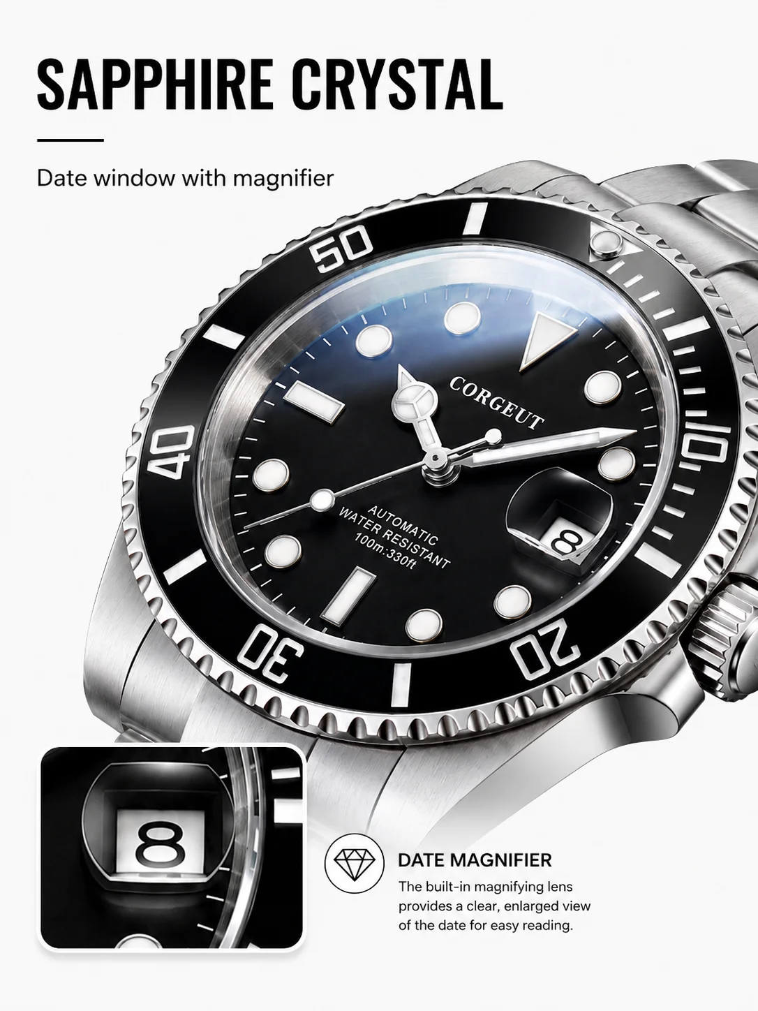 CORGEUT 6001G NH35 Automatische Taucheruhr 40mm Saphirglas 100M Wasserdicht Stahlarmband – Detail 2