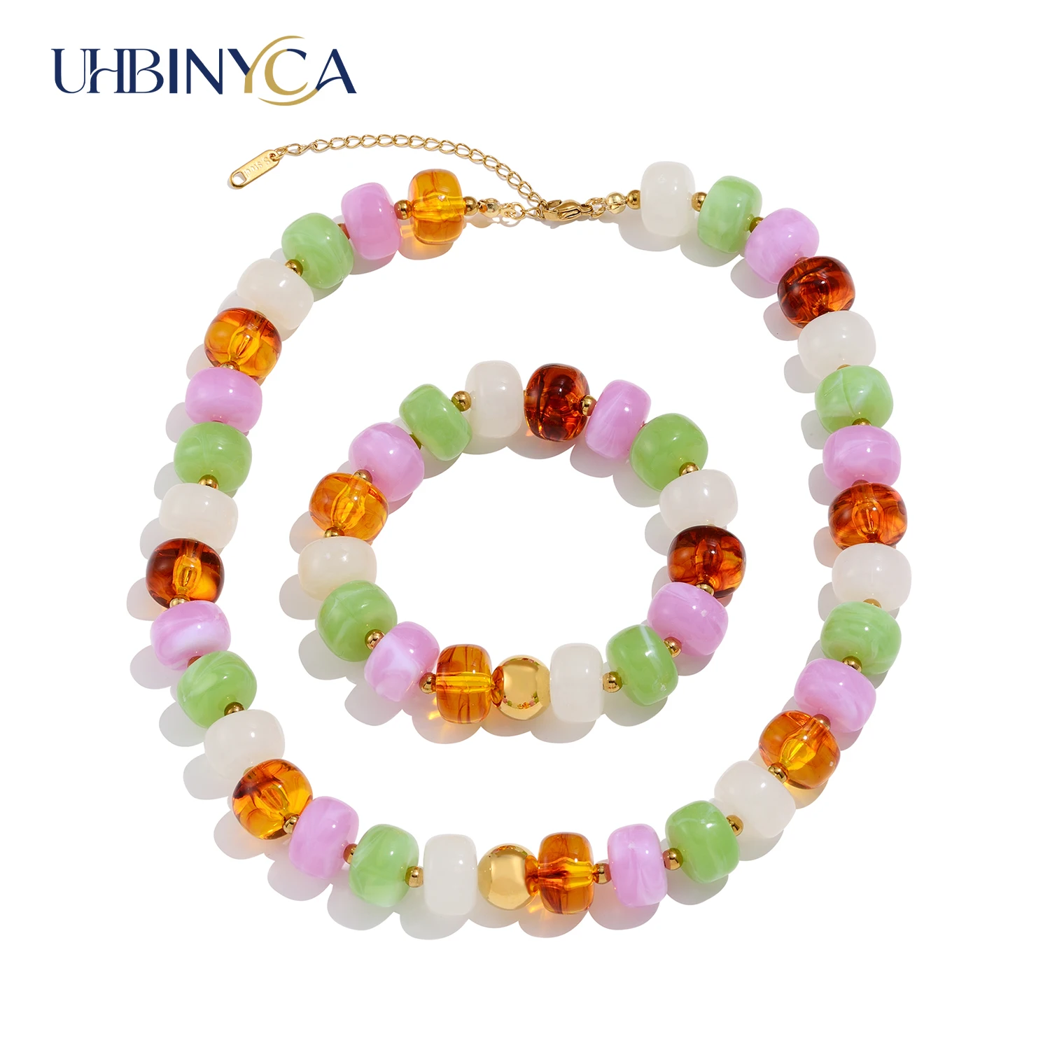 Colorful Acrylic Necklace and Bracelet Set for Women, Stainless Steel Statement Party Jewelry, Spring Summer Vibrant Accessories
