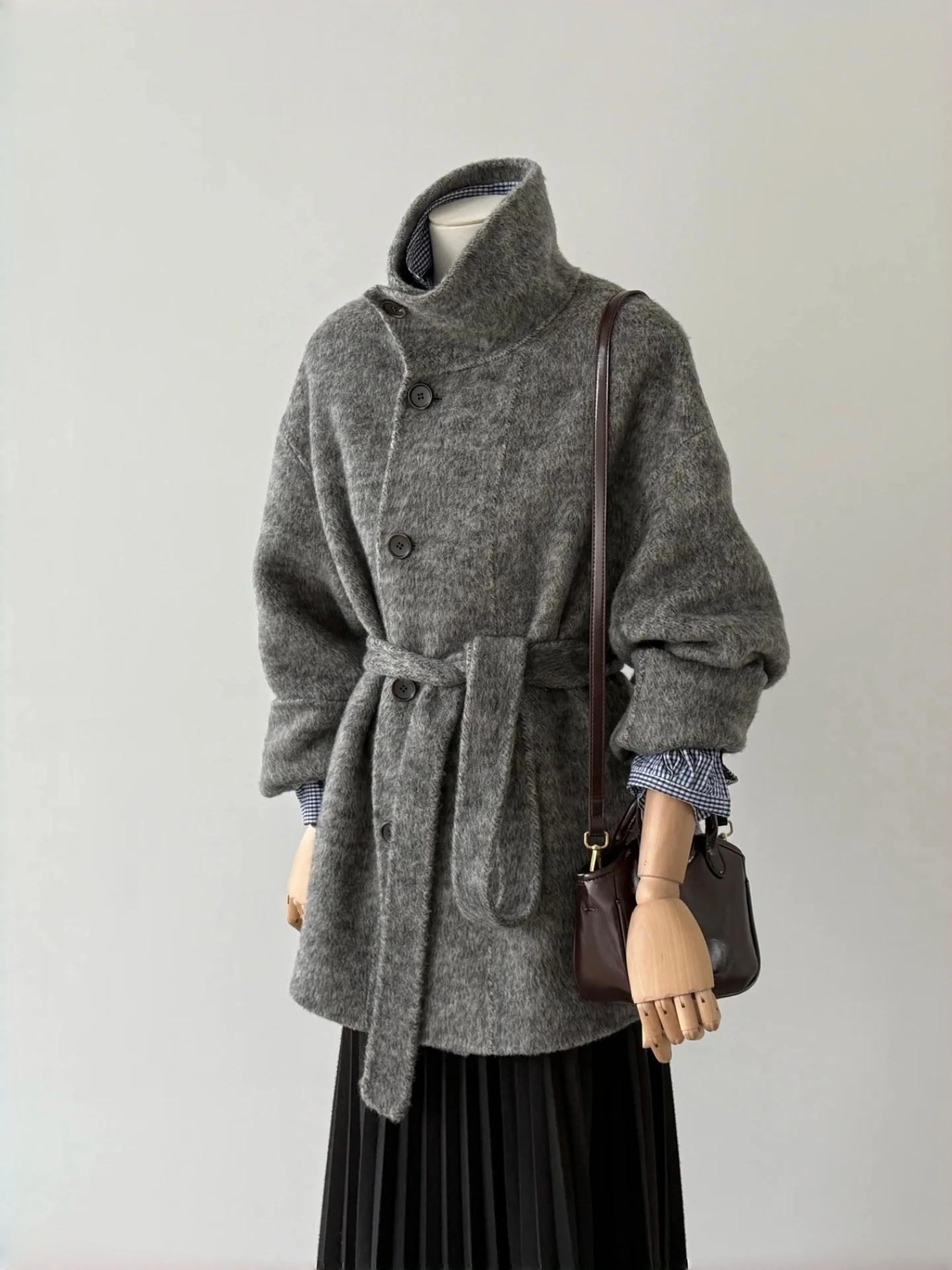 Korean Style Double-Faced Woolen Coat Women's Grey Belted Handmade Tweed Jacket Stand Collar Long Sleeve Regular Fit Outerwear