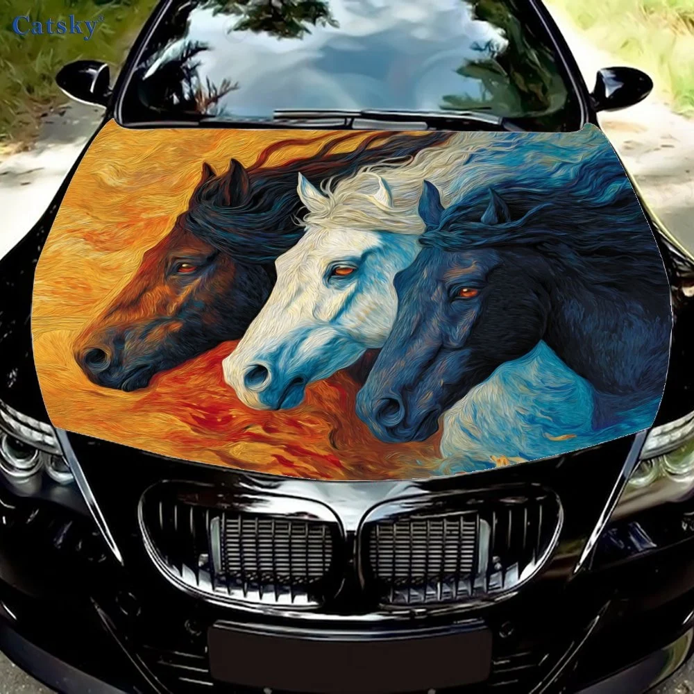 

Vibrant hood wrap featuring three horses in dynamic colors, blending beautifully against a fiery background. Perfect for car ent