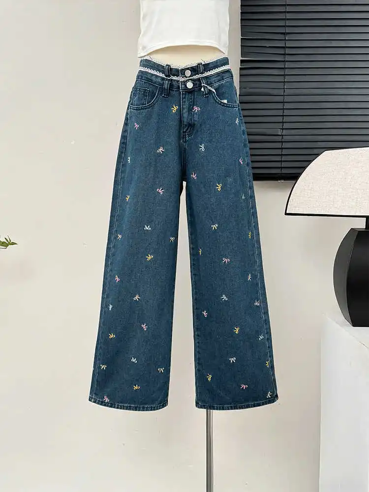 Sweet Bow Embroidery Wide Leg Jeans Women Autumn New Lace Splice High Waist Denim Trousers Fashionable Lady Pants