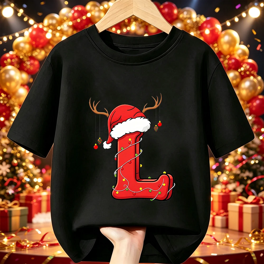 Baumwoll-Kinder-Weihnachts-T-Shirt mit Cartoon-Weihnachtsmann, Rentiergeweih, Lichterkette, A-Z-Druck, Kurzarm, O-Ausschnitt, Weihnachtsfeier-T-Shirt, Kinderbekleidung – Detail 3