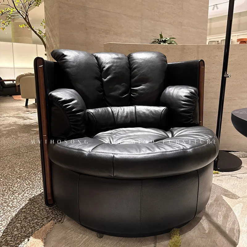 

Modern simple black full leather single living room study sofa chair rotatable high backrest leisure chair