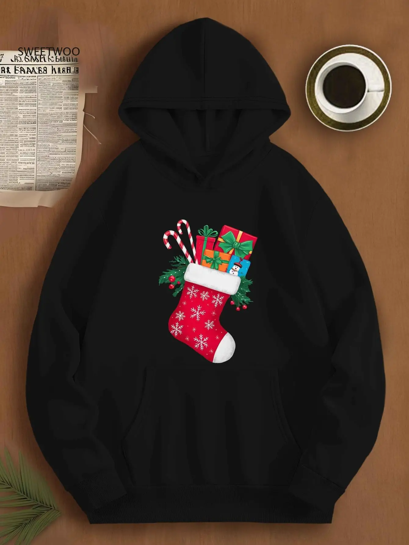 

Мужская зеленая рождественская толстовка больших размеров в стиле ретро с красными чулками и принтом снежинок — вязаная толстовка из мягкого полиэстера, уютная круглая