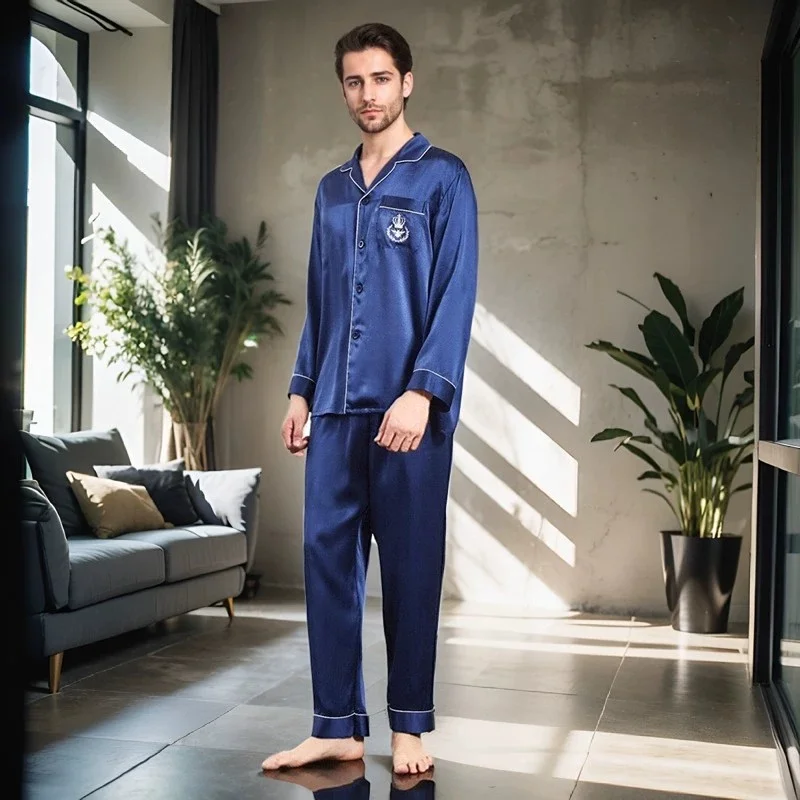 19 Momme Heavyweight Silk Pajamas for Men, Lightweight Style for Spring and Summer, 100% Mulberry Silk, Long-sleeved Loungewear