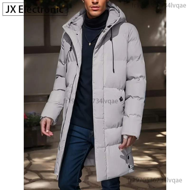 2024 Warm Hooded Mid-length Jacket Mens Casual Zip Up Cotton Padded Jacket Overcoat Autumn Winter Windbreaker Coats Men Clothing