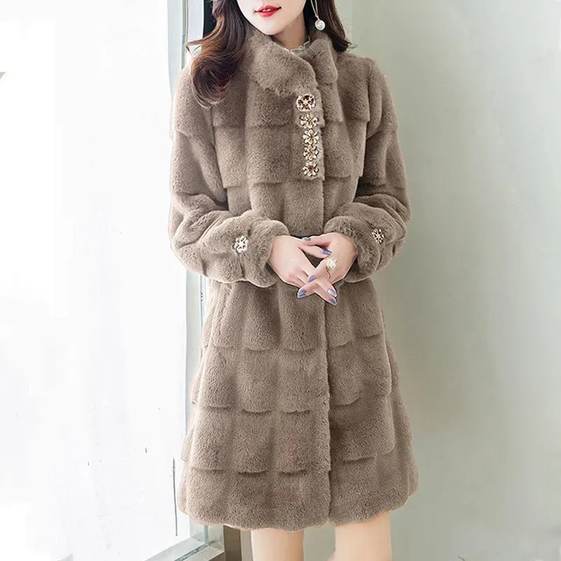 2022 Autumn Winter Women\'s Faux Fur Coat New Mid-length Imitation Mink Coat Large Size Loose Soft Comfortable Fur Jacket 3XL