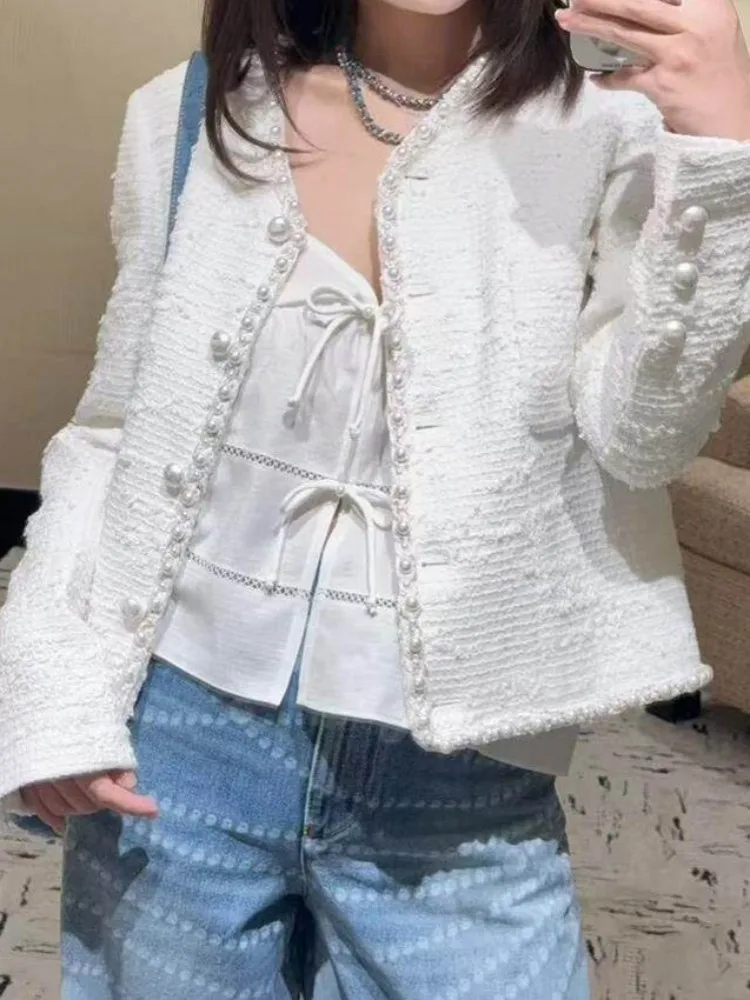 Elegant Single Breasted Solid Color Jacket Office Ladies Pearl Pocket Coat Fashion Round Neck Long Sleeves Straight Outwear