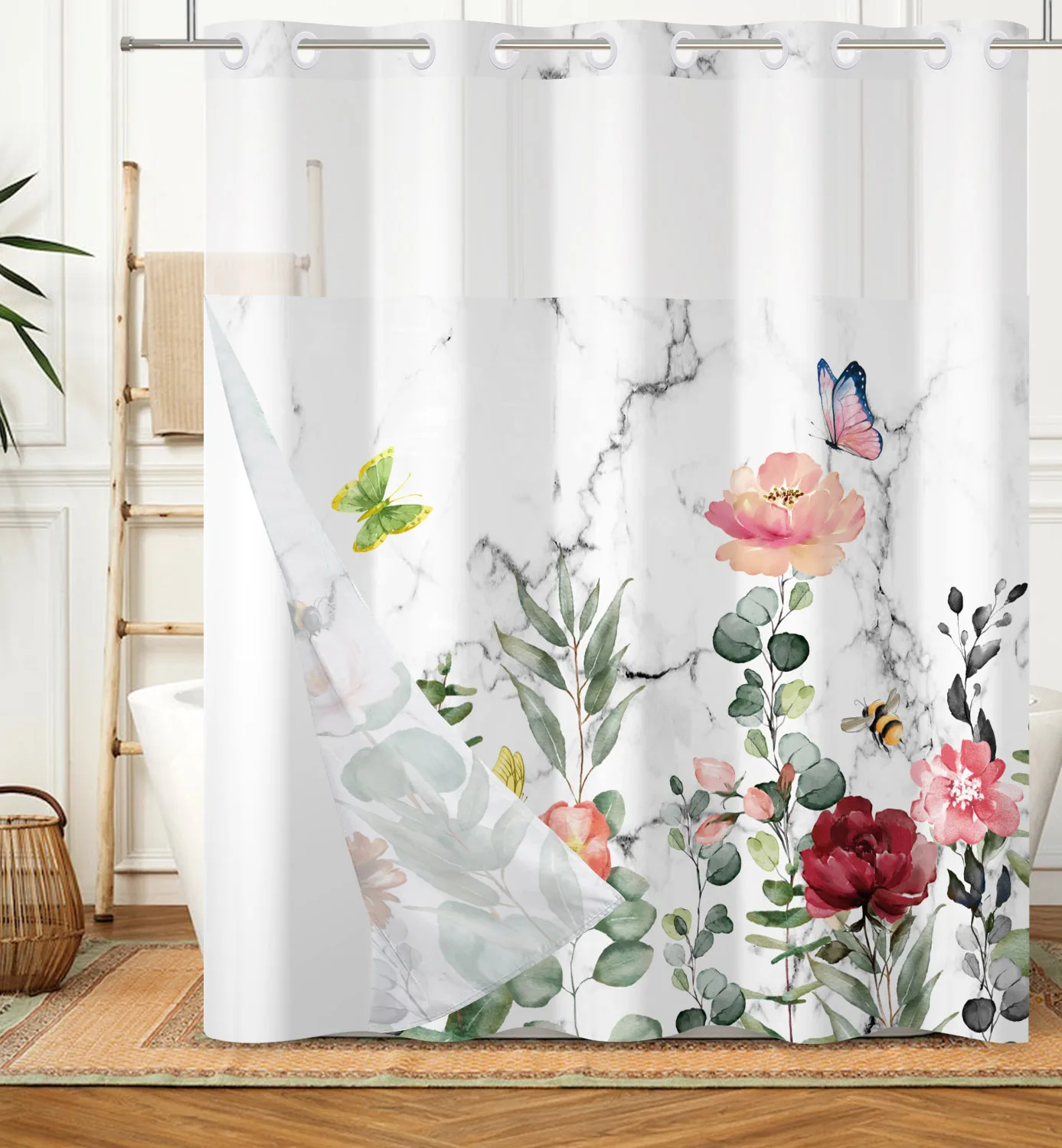 No Hooks Double Layer Shower Curtain Waterproof Removable Lined Leaves Plants Flower Modern Bathroom Decorative Shower Curtains