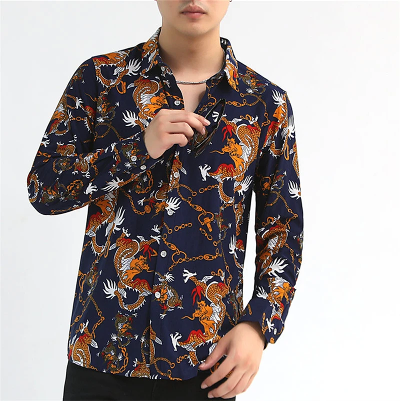 New Dragon Tattoo Pattern 3D Printed Fashion Men\'s Long Sleeve Button Down Shirts Spring Mens Casual Lapel Shirt Male Clothing