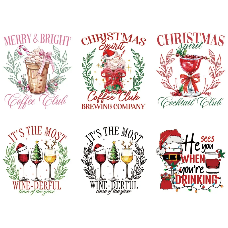 عيد الميلاد النبيذ تصميم نقل الحرارة DTF الحديد على ملصق ملون تصميم ملون للملابس بلايز سترة بقع قابل للغسل