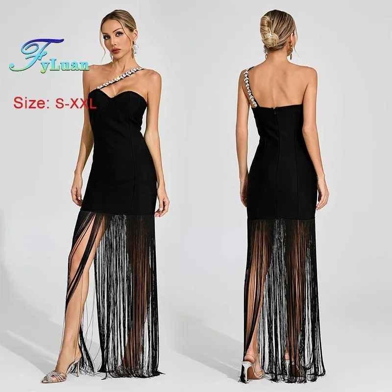 2025年新作ファッション レディース服 セクシー ホット ラインストーン ショルダーストラップ ドレス ブラック タッセル スリム ミニドレス ボディコン イブニングドレス