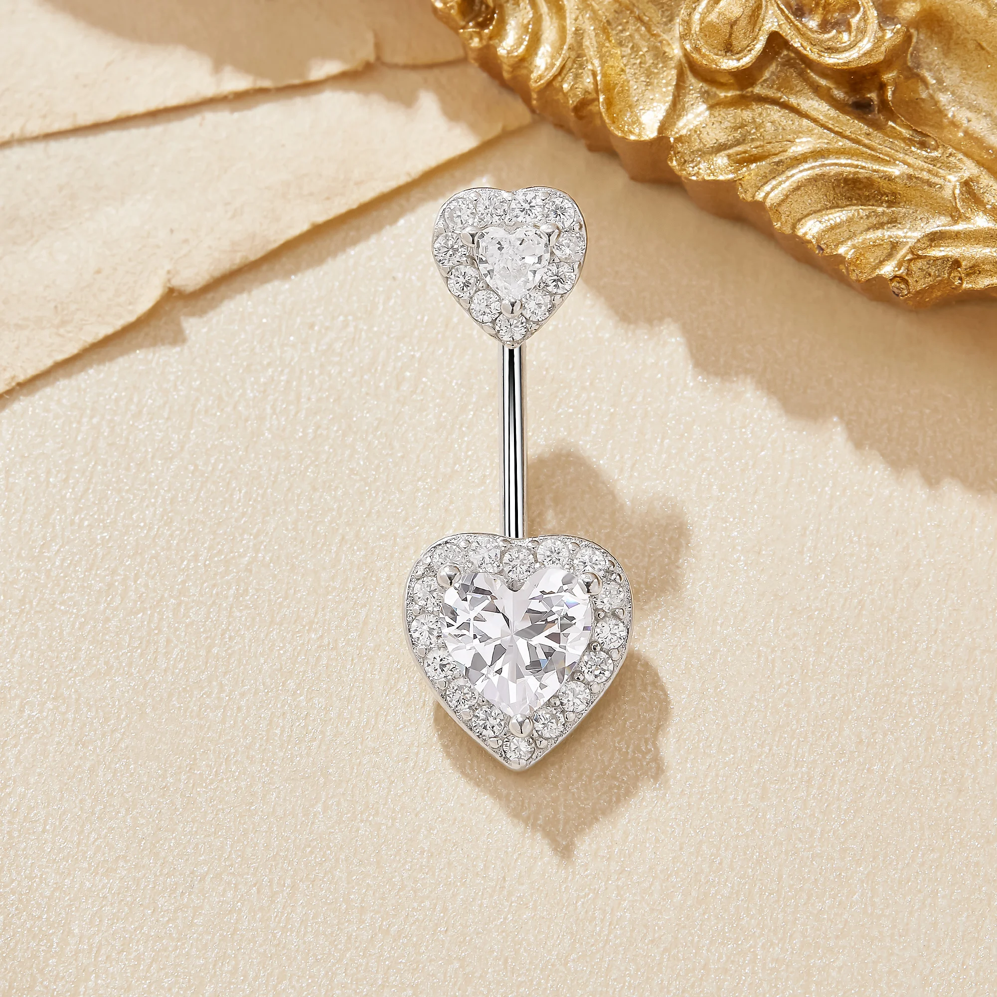 Halo Two Hearts CZ Stone Solid 925 Sterling Silver Belly Button Ring Belly Piercing Navel Bar Curved Barbell Navel Ring 6770018