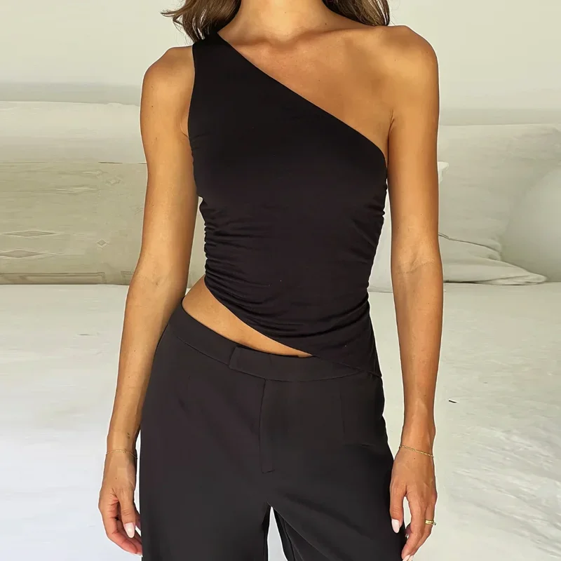 Women's Sexy Diagonal Shoulder Strap Sleeveless Backless Tight Top Seaside Nightclub Party 2024 New Model