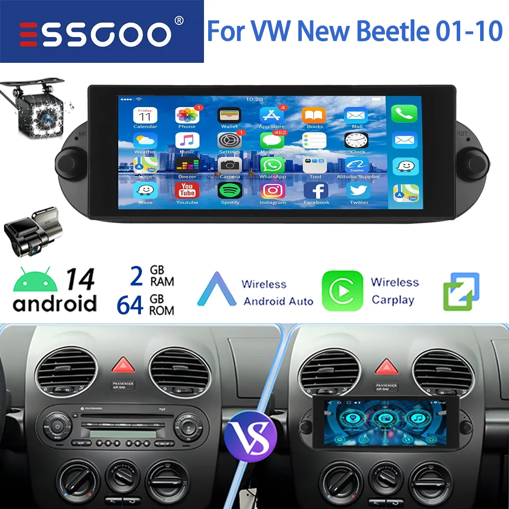 ESSGOO 64G 7 "Android 14 Autoradio Voor VW Kever 01-10 Draadloze Carplay GPS Navi FM WiFi BT RDS SWC Spiegel Link IPS Touchscreen