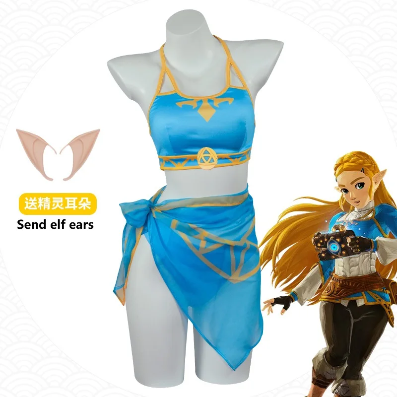 Damen Elfen-Cosplay Bikini Neckholder Crop Top Wickelrock Disfraz Mujer Halloween Strand Pool Kostüm mit Elfenohren