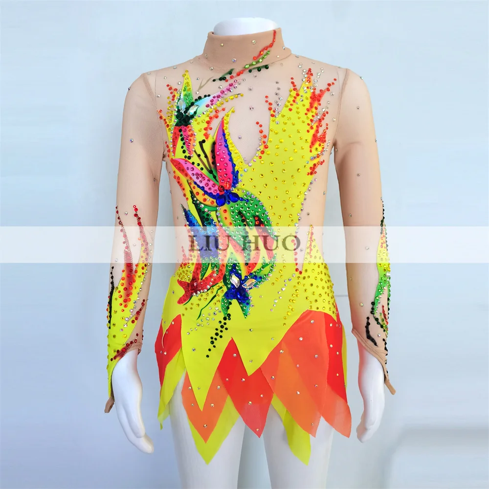 LIUHUO Rhythmic Gymnastics Leotard Customize Women Girl Costume Performance Competition Dance Dress Aerobics Yellow Ice Skating