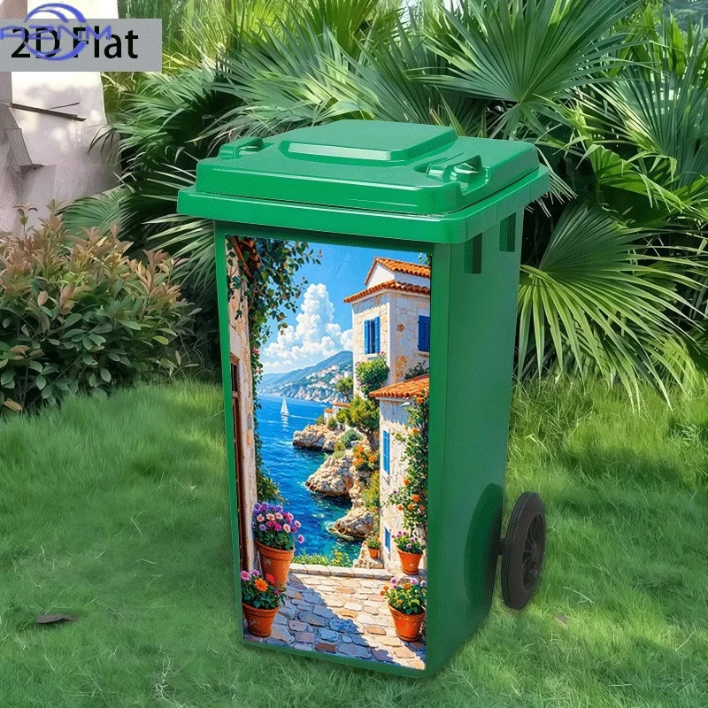 1pc of Trash Can Sticker[37×82 Cm] with a Theme Design of Blue Sea And Red Tiles, Self-Adhesive Wall Decoration Wallpaper for view 3