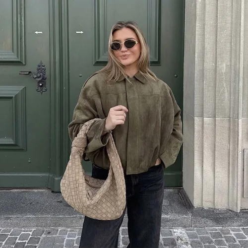 Imagen 2 del producto Chaquetas Bomber para mujer, abrigos a la moda con cuello vuelto, abrigos sueltos de manga larga, prendas de vestir exteriores Vintage para mujer, Tops elegantes