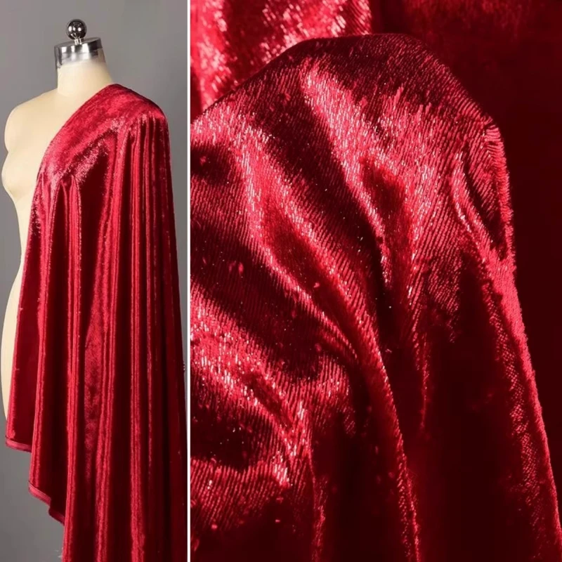 Deep Red Glitter Sparkle Velvet Fabric Soft Silky Evening Dress Prom Gown Skirt Material for Clothing Designer Textile Apparel