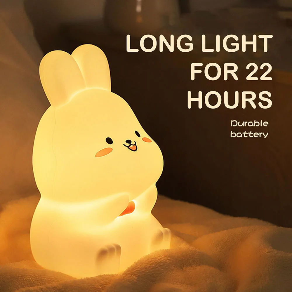 Adorável Coelhos Silicone Night Light, Desk Night Light, Crianças, Crianças, Decoração do quarto de adultos, Lâmpada recarregável