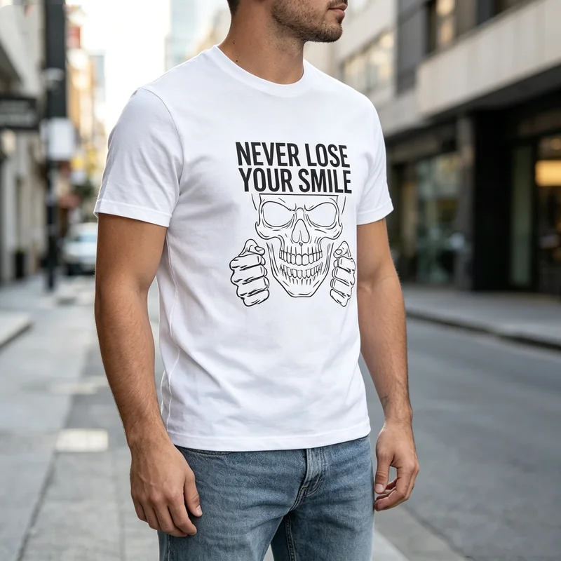 Never Lose Your Smile Skull Graphic T Shirt Thumbs Up Skeleton Print Unisex Soft 100% Cotton Crew Neck Top