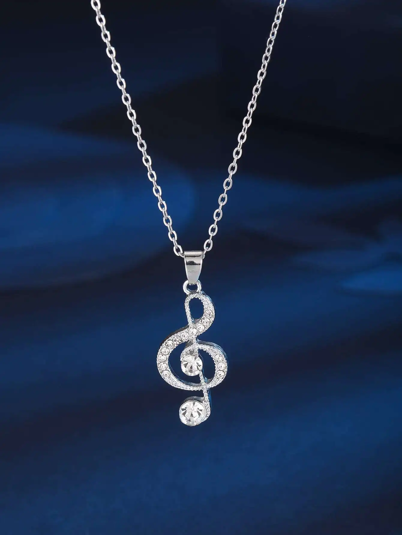 

Rhinestone Treble Clef Charm Pendant Necklace for Women, Silver Tone Chain Jewelry