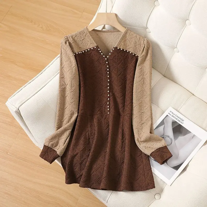 

High-end Spring Autumn Slim Tops Women Blouse Long Sleeve T-shirt Patchwork V-neck Beaded Design Trend Bottom Shirts Clothes New