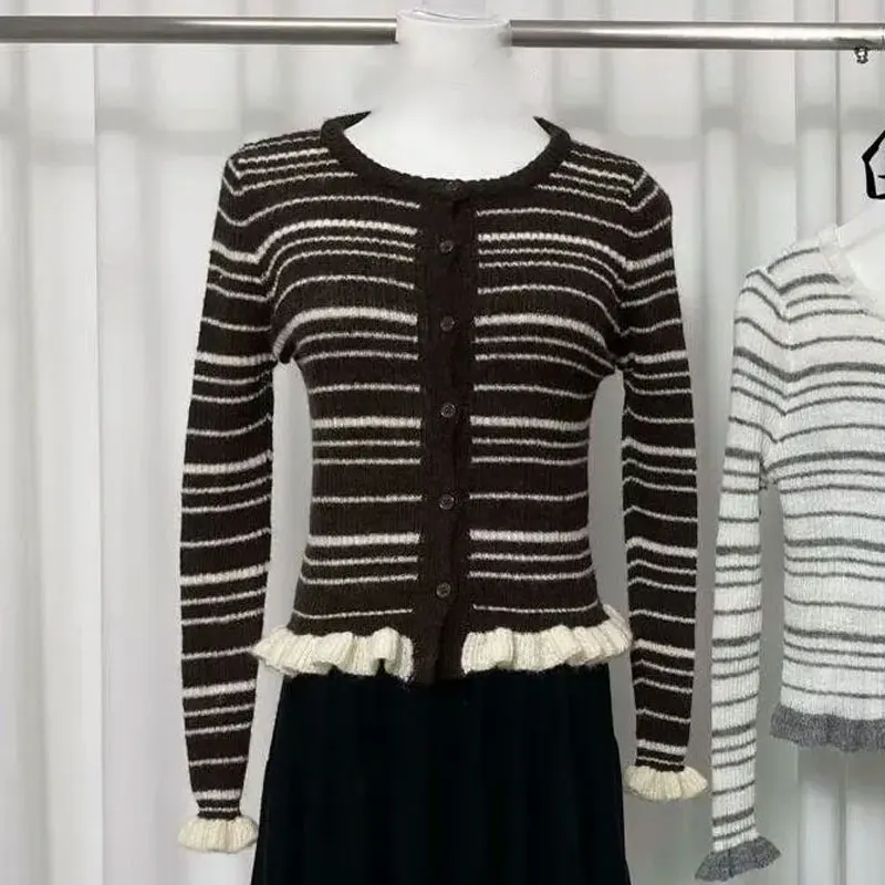 خمر القهوة مخطط سترة مشغولة من الصوف الخريف الشتاء الجولة الرقبة تقسم الملابس النسائية المألوف واحدة الصدر البلوزات