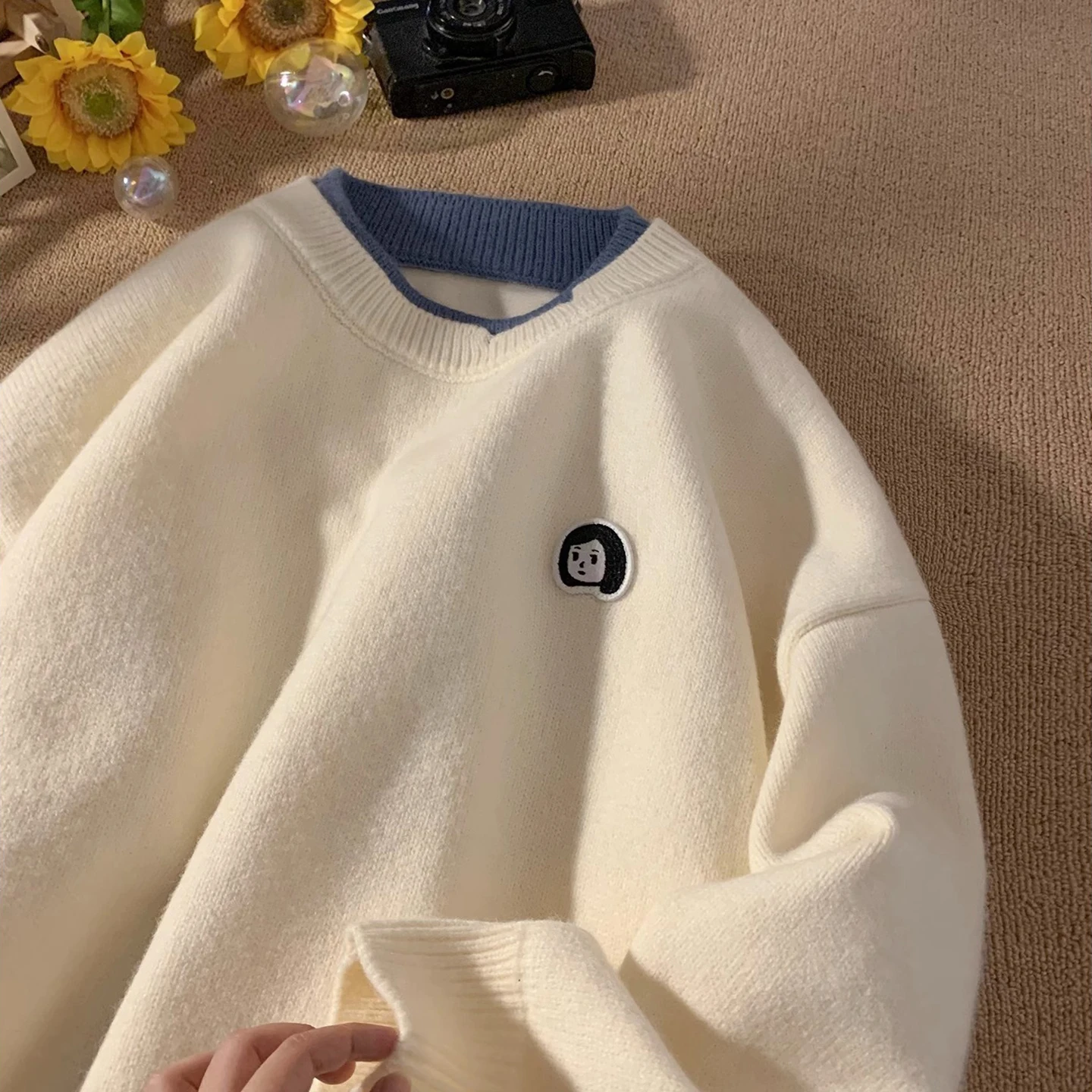 

Мягкий свитер для пары, вязаная одежда, осенне-зимний топ для колледжа, круглый, Ne Long Sve, мультяшный аниме, мягкий пу, искусственный топ из двух предметов