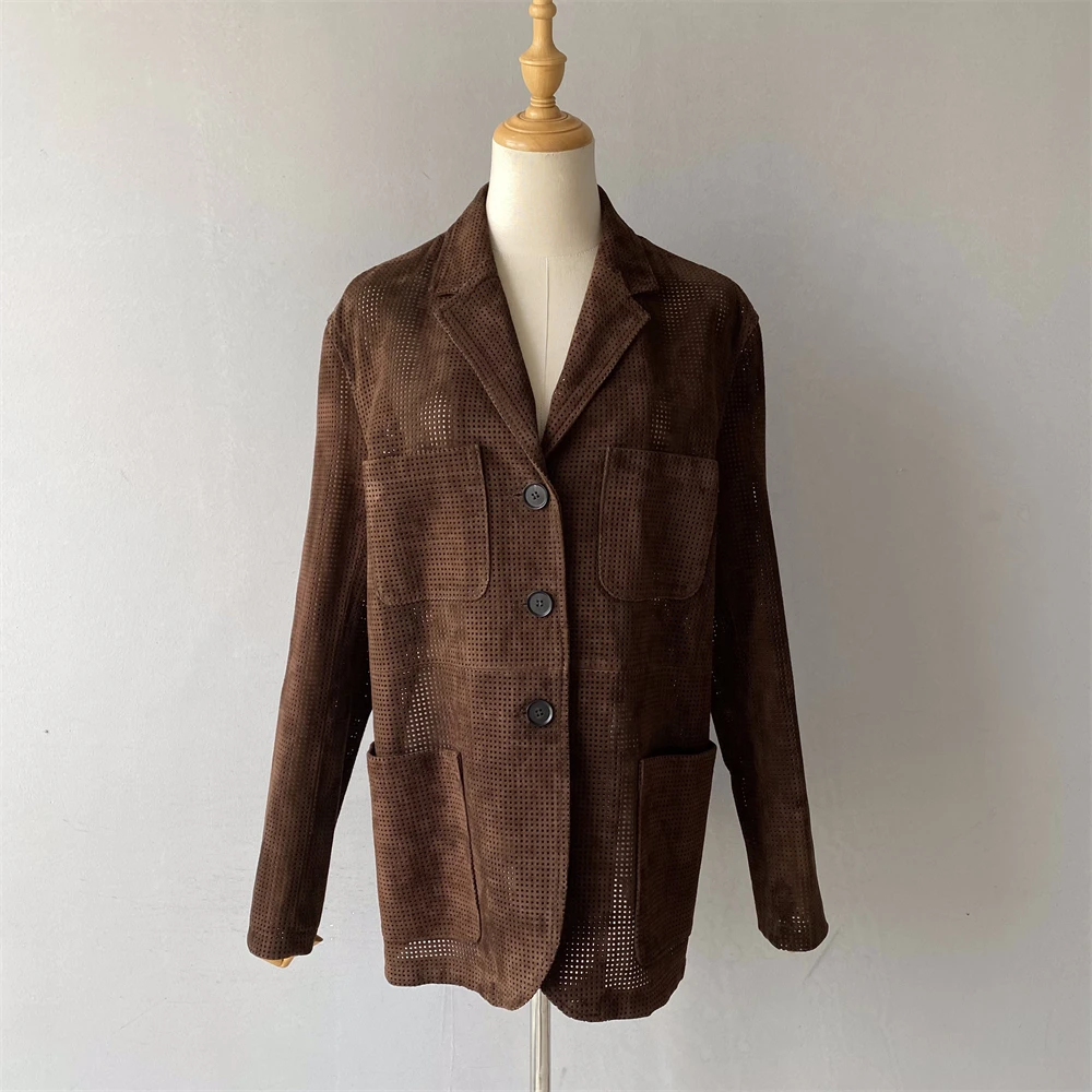 Jaxmonoy 2025, Frühjahr, neue echte Wildlederjacke, Damenmode, ausgehöhlte Echtlederjacke, Damen-Herbst-Ziegenleder-Wildleder-Blazer