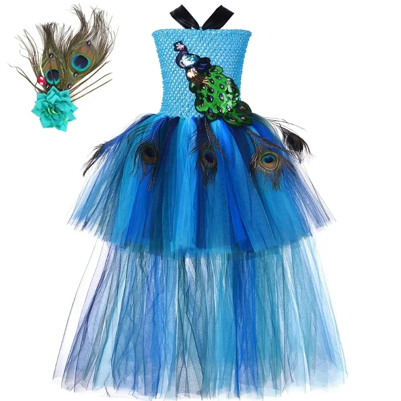 Luxe Peacock Fairy High-Low Mesh Gown Glossy Blue Plume Detail Suitable for Beauty Pageant Halloween Birthday Role Play Dress Up