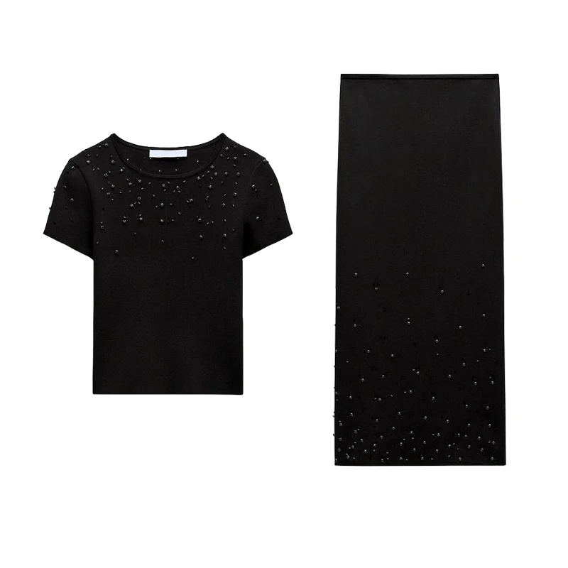 

Новый весенний круглый трикотажный топ Ne ort Sve с бисером, эластичная длинная юбка с высокой талией, модный женский комплект из полиэфирной ткани