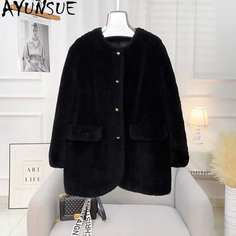 AYUNSUE Casual Sheep Shearing Jacket for Women Autumn Winter Mid-length 100% Wool Coat Round Neck Single-breasted Fur Coats